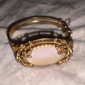 Vintage Whiting & Davis Gold Tone Hinged Clamper Bracelet with Mother of Pearl